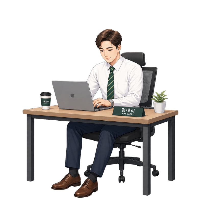 김대리가 책상에서 행정 업무에 시달리는 모습